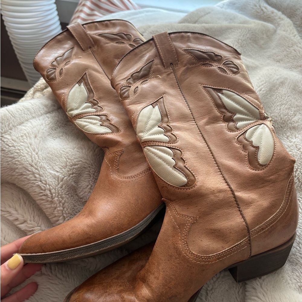 Tan Western Boots with Butterfly Design